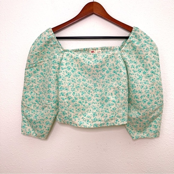 Levi’s Yvie square neck 3/4 sleeves cropped top statement blouse size M NWT - Picture 2 of 12